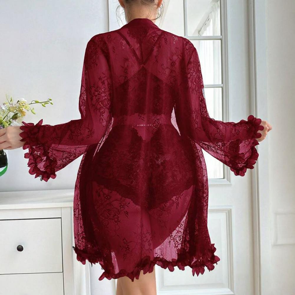섹시한 잠옷 세트 꽃무늬 레이스 수면 가운 섹시한 시스 - Kimono Sheer Floral 리뷰 및 가격