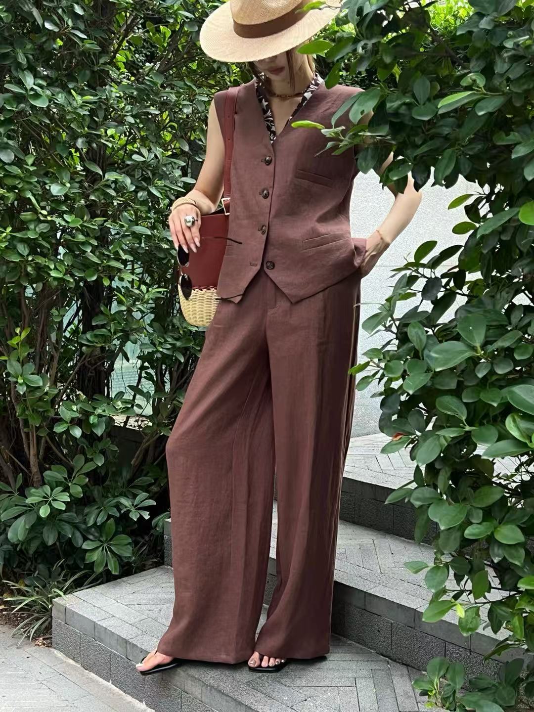 첸노인의 린넨 캐주얼 투피스 프린트 패치 V넥 스웨터와 - Linen Pant Wide 리뷰 및 가격