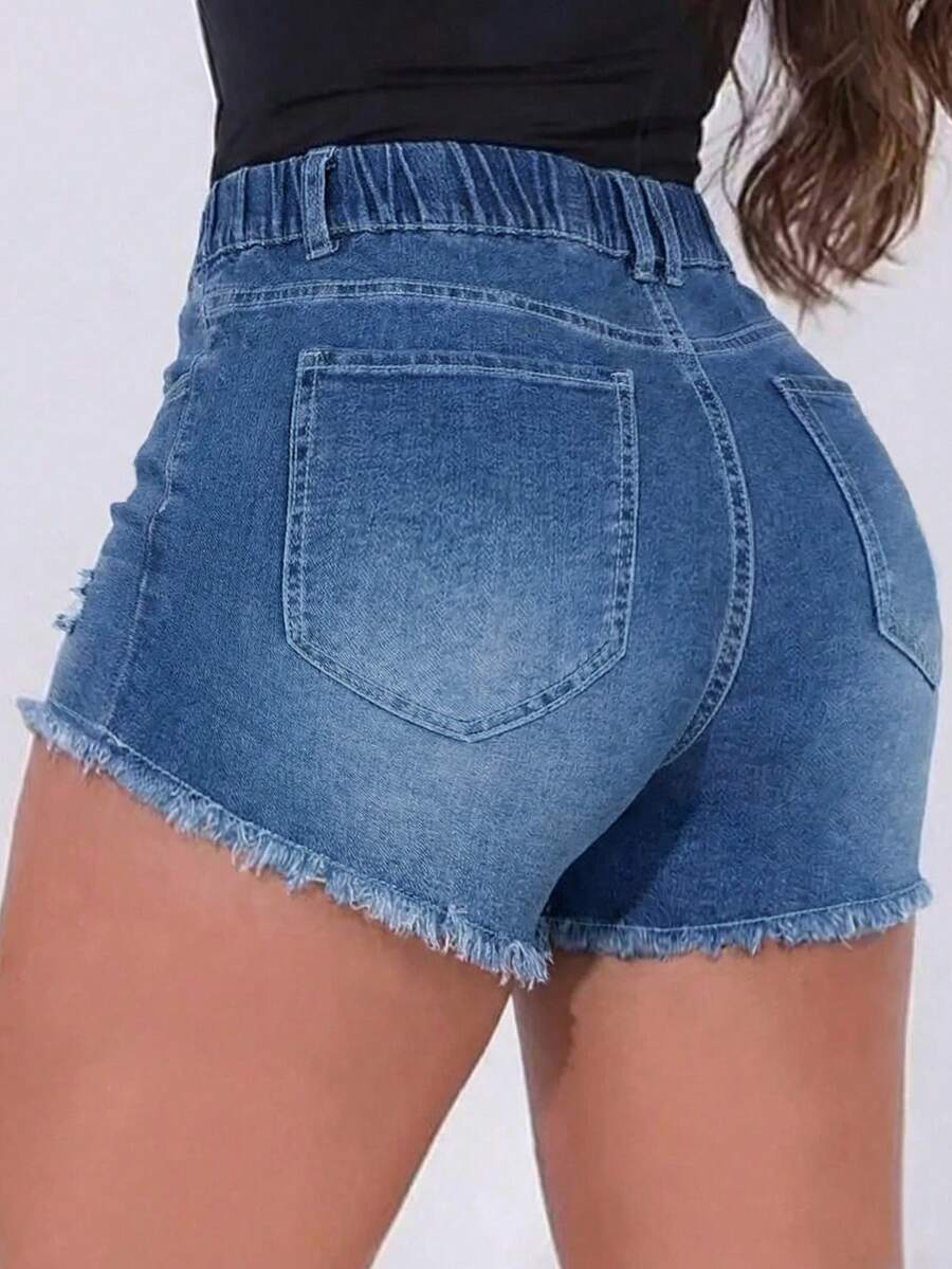 여성용 신축성 있는 허리끈이 달린 데님 반바지 캐주얼  - Shorts Denim Frayed 리뷰 및 가격