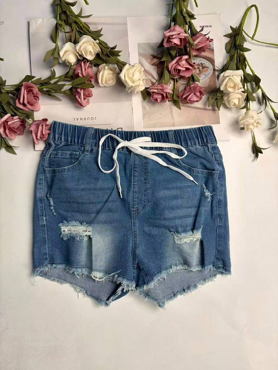 여성용 신축성 있는 허리끈이 달린 데님 반바지 캐주얼  - Shorts Denim Frayed 리뷰 및 가격