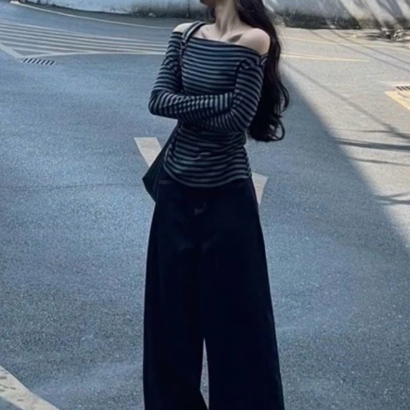 여성 빈티지 스트라이프 오프숄더 긴팔 탑 한국 스타일  - Blouse Off Shoulder 리뷰 및 가격
