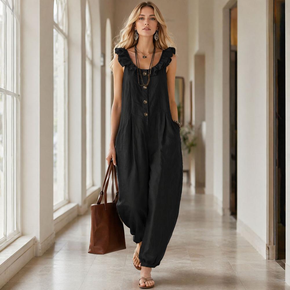 릴렉스 핏 롬퍼 여성용 러플 크루넥 점프수트(포켓 포함 - Jumpsuit Linen Relaxed 리뷰 및 가격