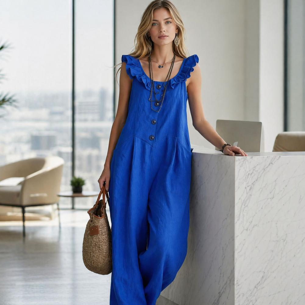 릴렉스 핏 롬퍼 여성용 러플 크루넥 점프수트(포켓 포함 - Jumpsuit Linen Relaxed 리뷰 및 가격