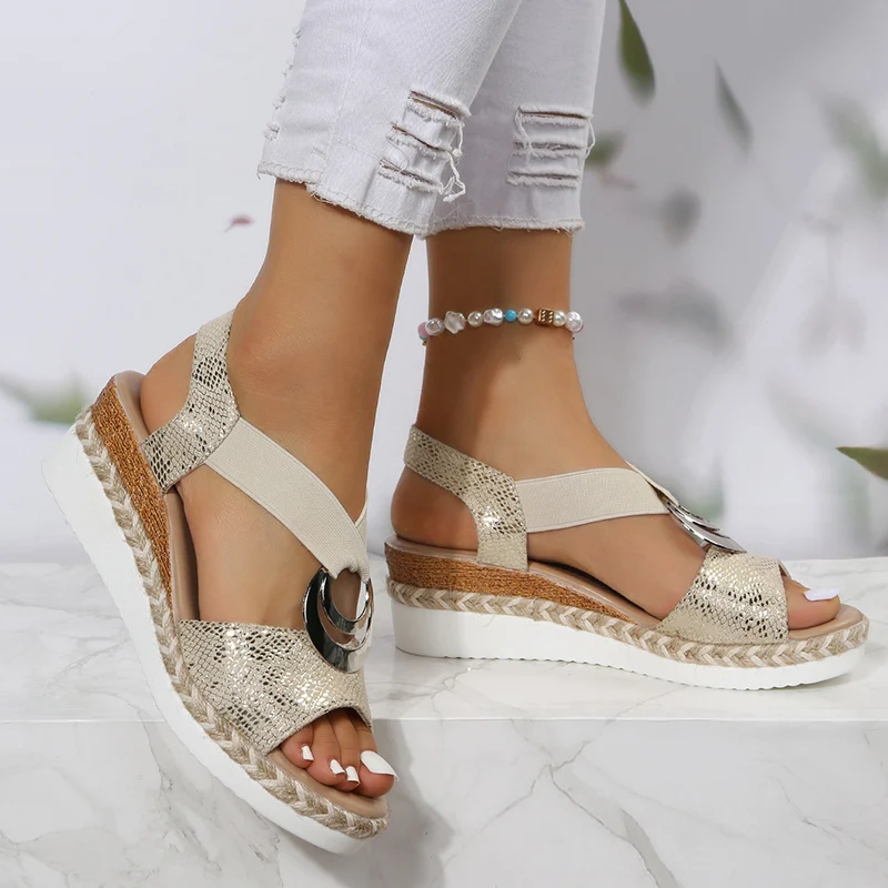 여성을위한 금속 버클 웨지 샌들 들여다 발가락 탄성 스 - Wedge Espadrille Women 리뷰 및 가격