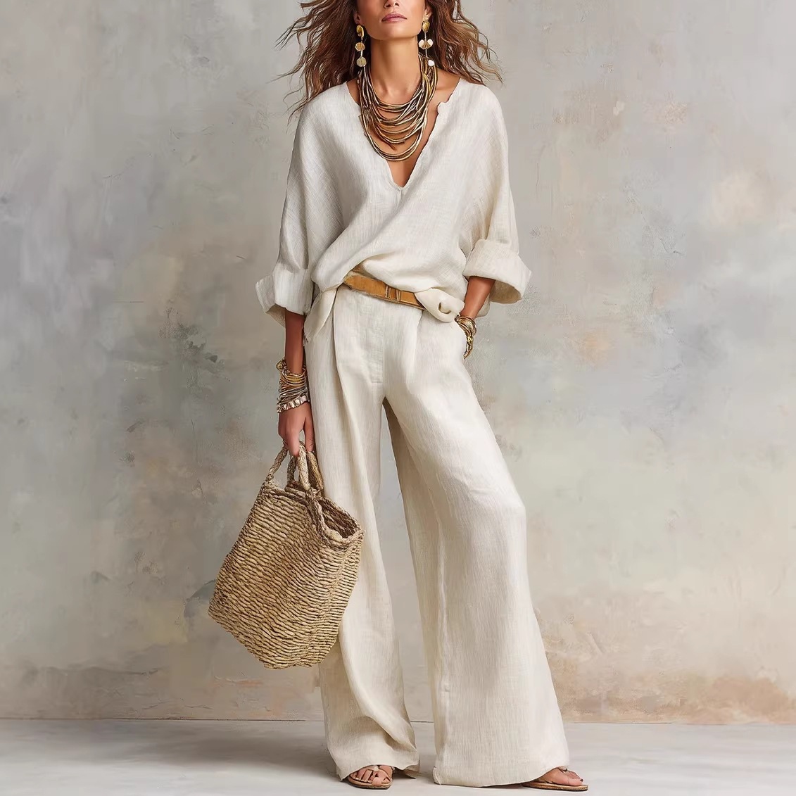 빈티지 여성 심플 캐주얼 순면 린넨 V넥 박쥐소매 탑  - Linen Pant Wide 리뷰 및 가격