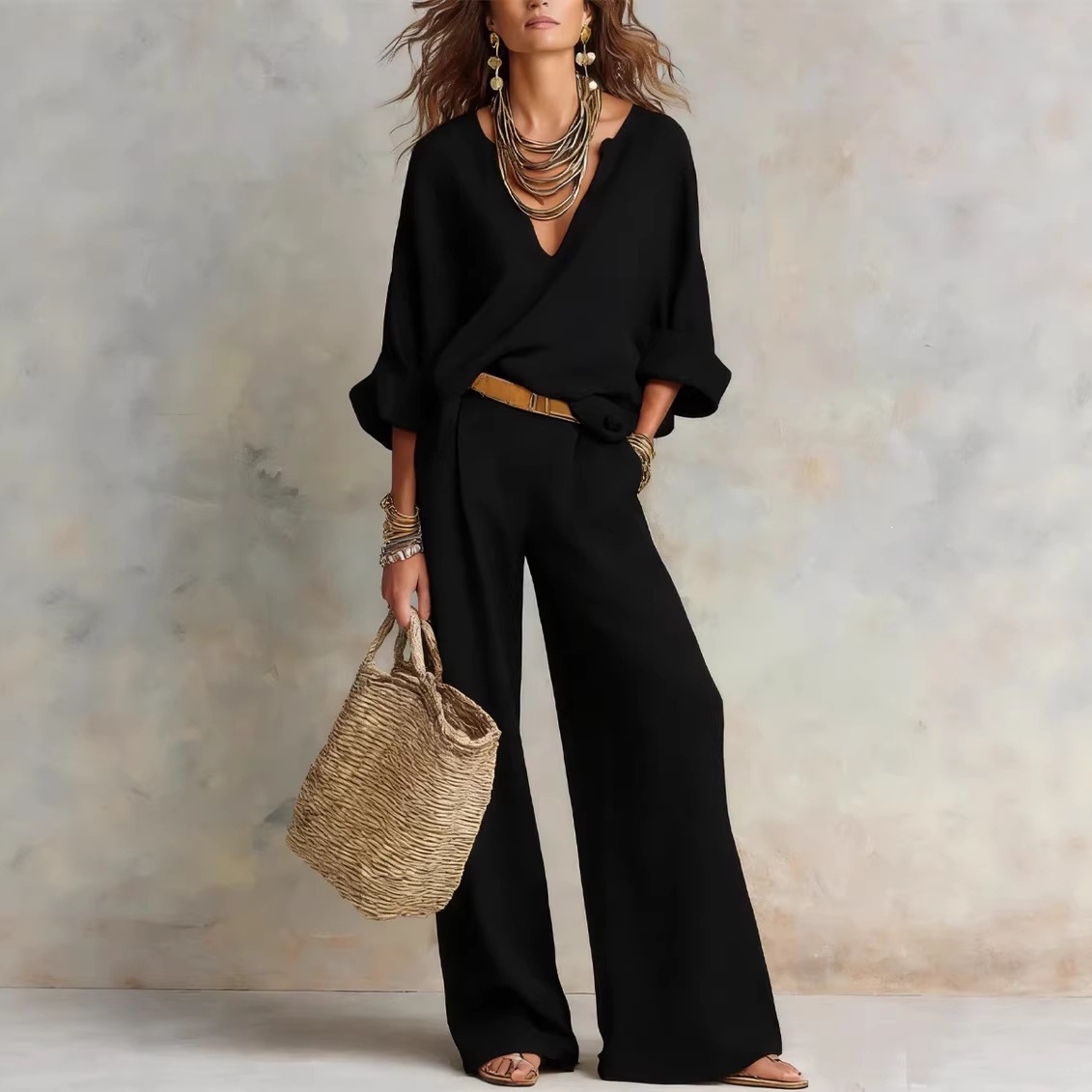 빈티지 여성 심플 캐주얼 순면 린넨 V넥 박쥐소매 탑  - Linen Pant Wide 리뷰 및 가격