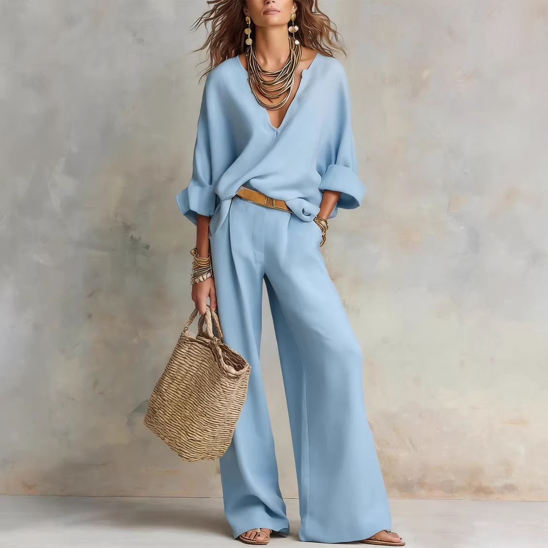 빈티지 여성 심플 캐주얼 순면 린넨 V넥 박쥐소매 탑  - Linen Pant Wide 리뷰 및 가격