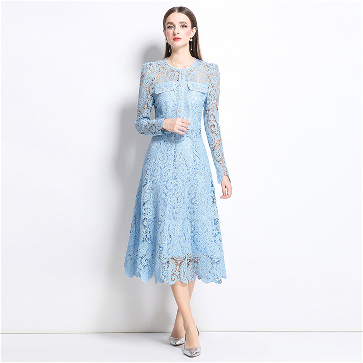 봄 달콤한 레이스 꽃 자수 두 조각 세트 여성 긴 퍼프 - Midi Skirt Floral 리뷰 및 가격