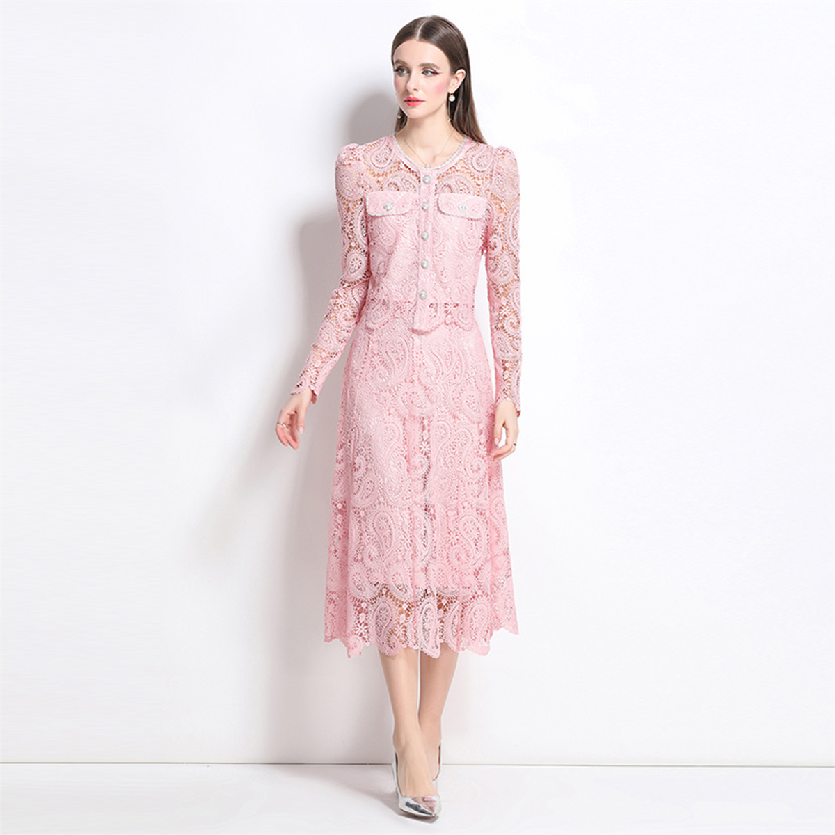 봄 달콤한 레이스 꽃 자수 두 조각 세트 여성 긴 퍼프 - Midi Skirt Floral 리뷰 및 가격