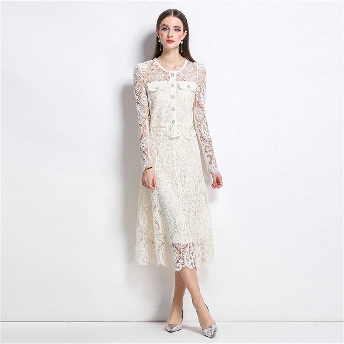 봄 달콤한 레이스 꽃 자수 두 조각 세트 여성 긴 퍼프 - Midi Skirt Floral 리뷰 및 가격