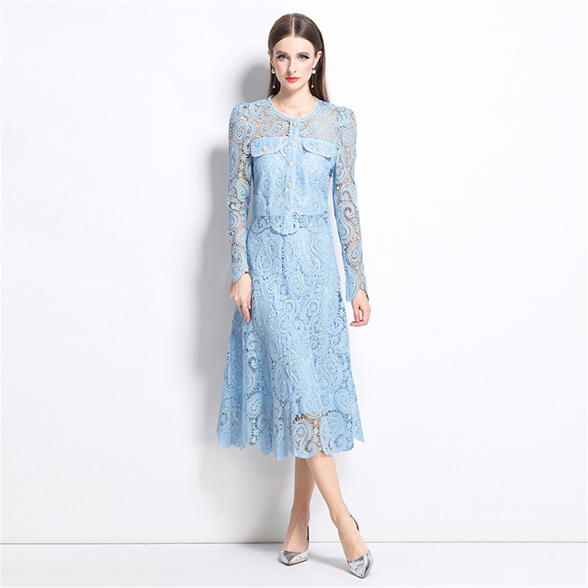 봄 달콤한 레이스 꽃 자수 두 조각 세트 여성 긴 퍼프 - Midi Skirt Floral 리뷰 및 가격