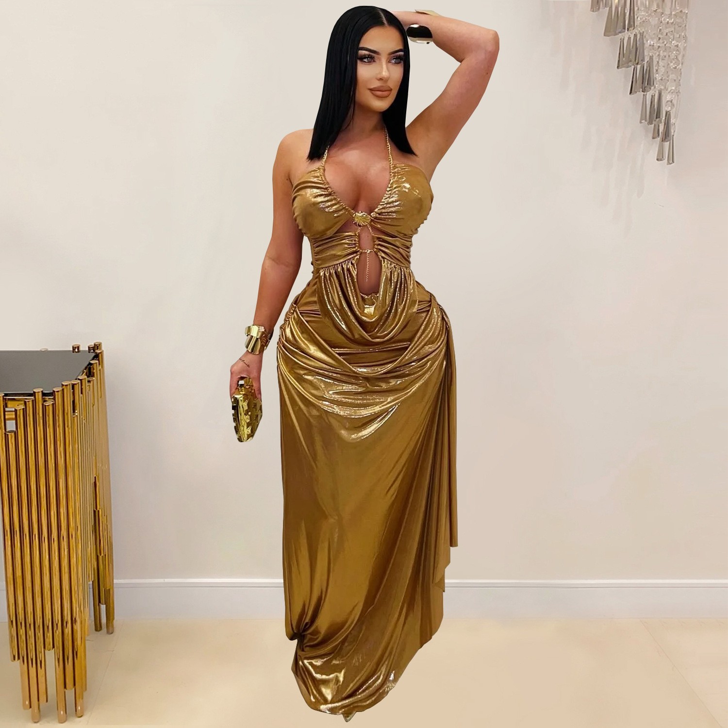 웨딩 게스트 드레스 이브닝 홀터넥 민소매 드레스 메탈릭 - Maxi Dress Halter 리뷰 및 가격