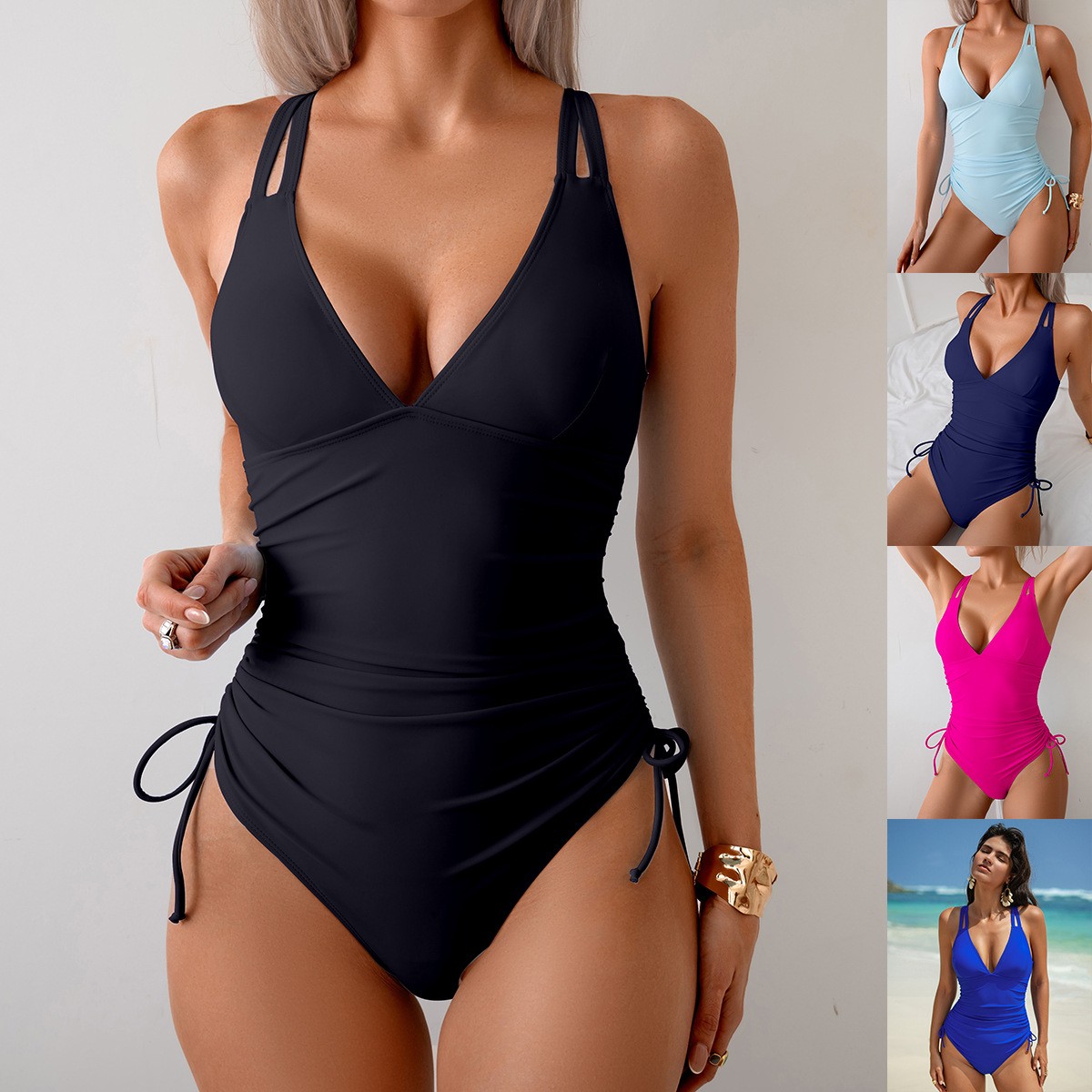 솔리드 블랙 수영복 V넥 러치드 웨이스트 원피스 수영복 - Swimsuit Bikini Ruched 리뷰 및 가격