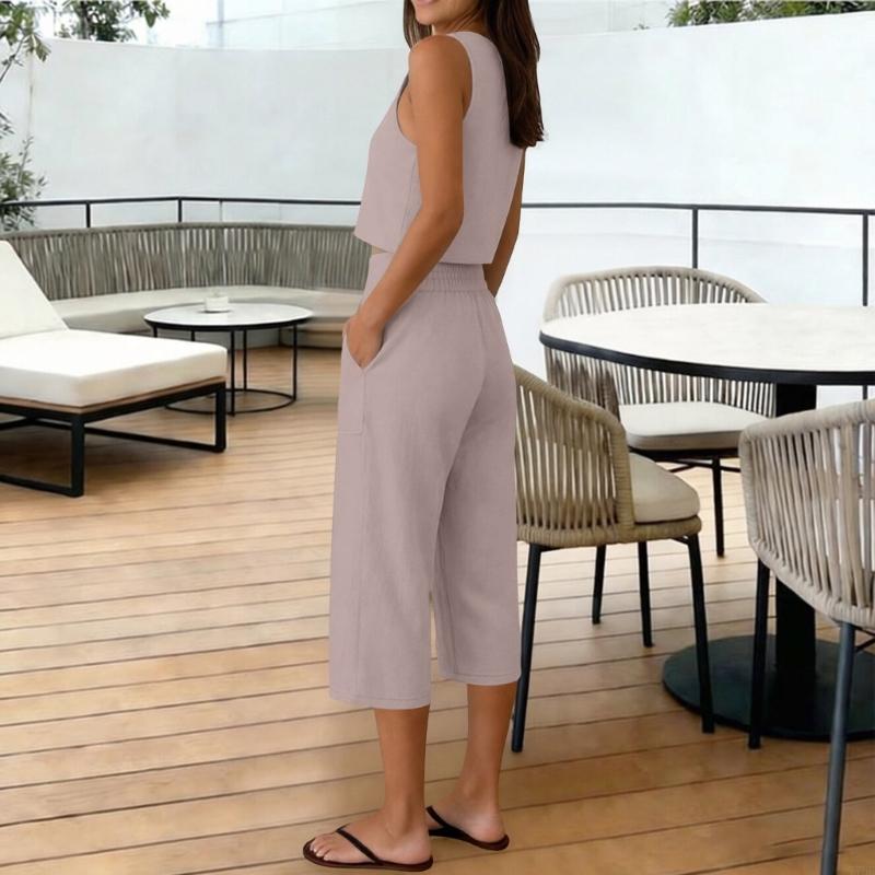 77HE 여성용 2 피스 복장 민소매 크롭 탑 와이드  - Linen Pant Wide 리뷰 및 가격