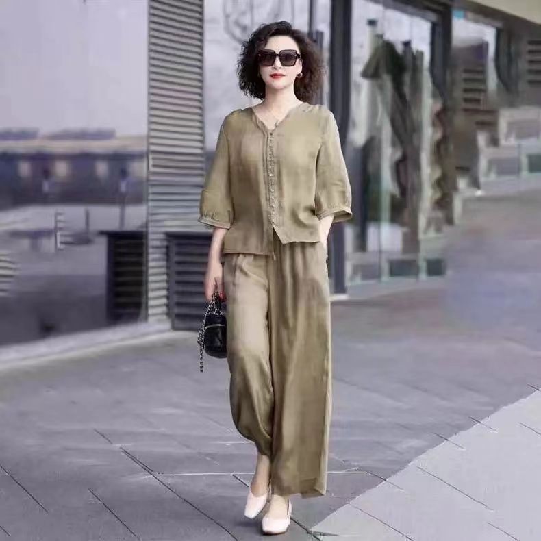 코튼 린넨 여성 투피스 세트, 루즈하고 편안한 탑 칼라 - Linen Pant Wide 리뷰 및 가격