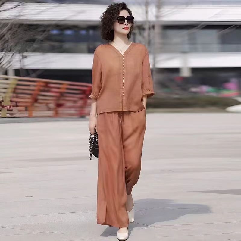 코튼 린넨 여성 투피스 세트, 루즈하고 편안한 탑 칼라 - Linen Pant Wide 리뷰 및 가격