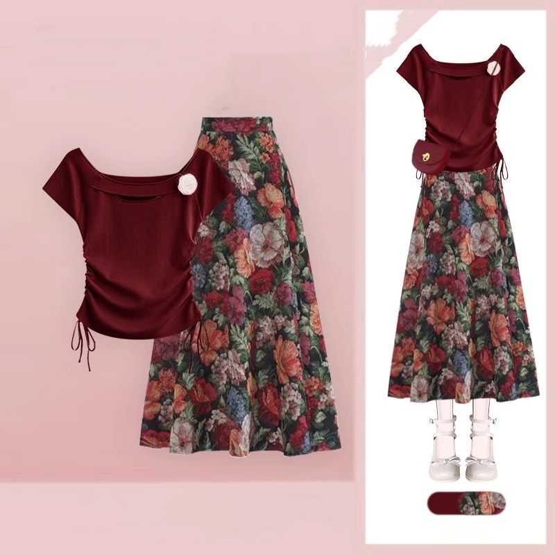 여성 행운의 와인 레드 티셔츠 플로럴 스커트 투피스 세 - Midi Skirt Floral 리뷰 및 가격