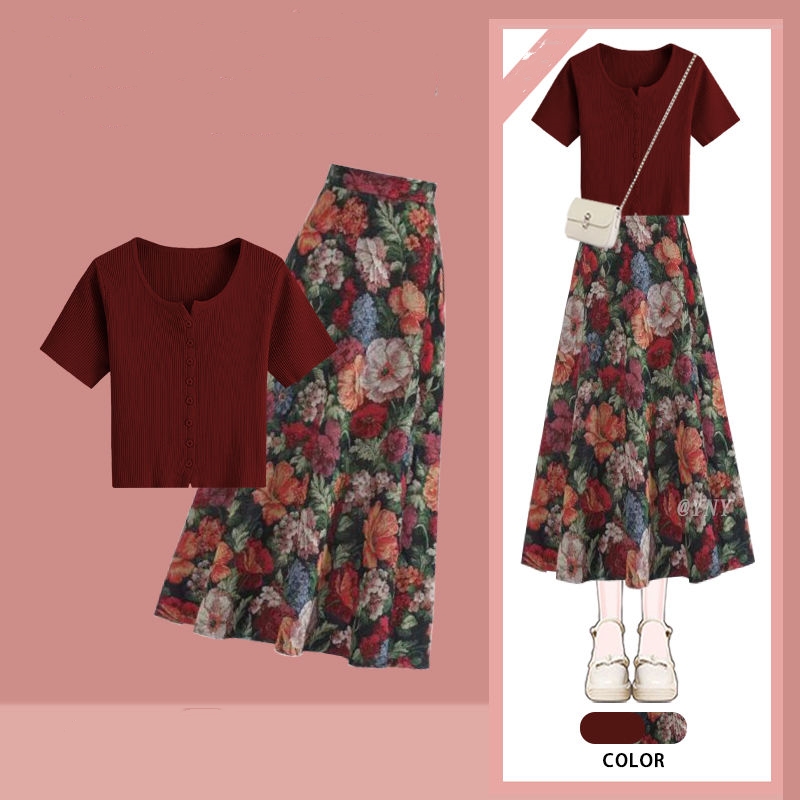 여성 행운의 와인 레드 티셔츠 플로럴 스커트 투피스 세 - Midi Skirt Floral 리뷰 및 가격