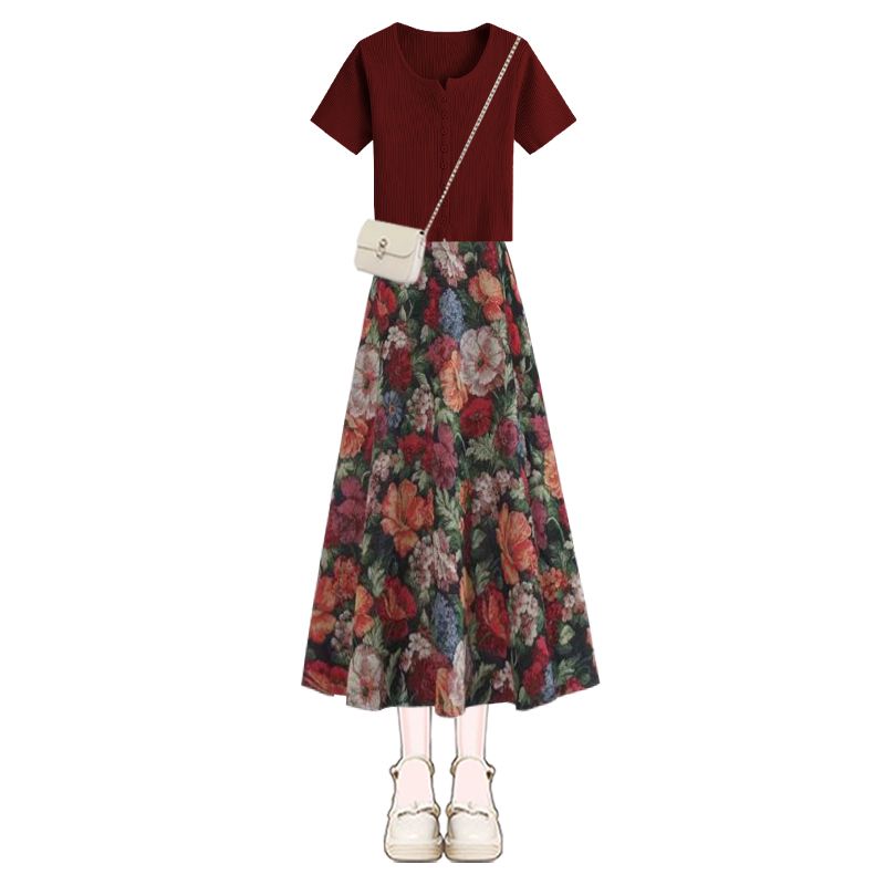 여성 행운의 와인 레드 티셔츠 플로럴 스커트 투피스 세 - Midi Skirt Floral 리뷰 및 가격