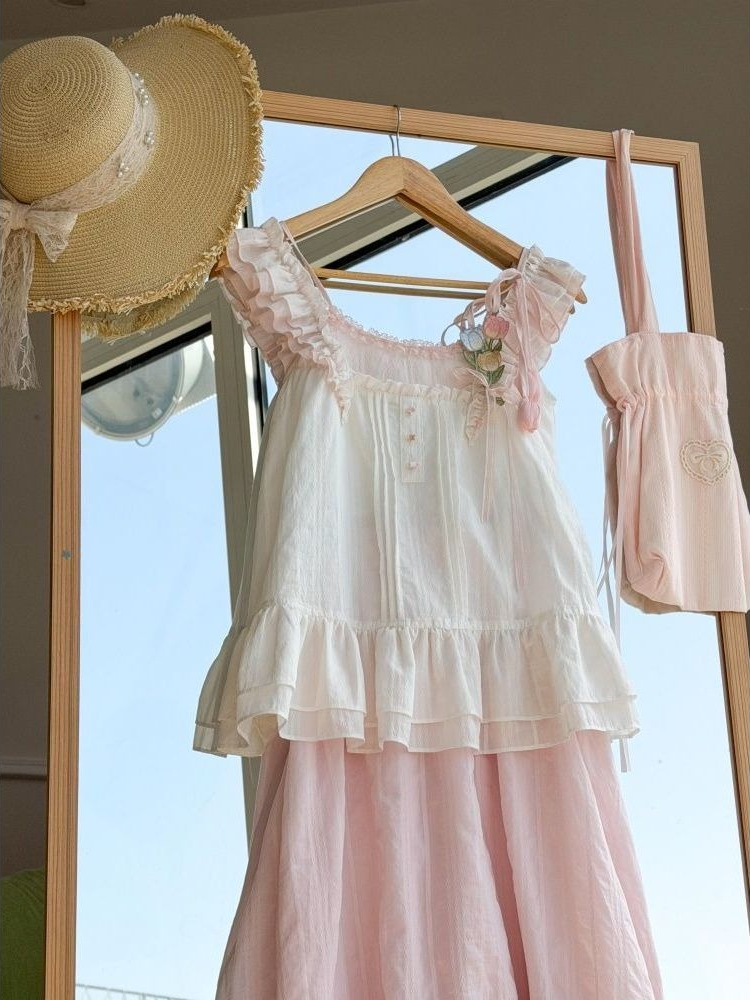 Sweet Kawaii Ruffle Trim 튤립 장식 - Midi Skirt Floral 리뷰 및 가격