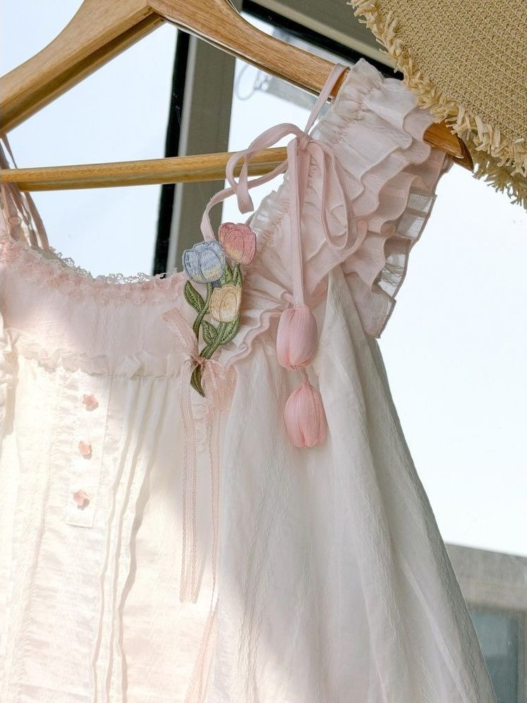 Sweet Kawaii Ruffle Trim 튤립 장식 - Midi Skirt Floral 리뷰 및 가격