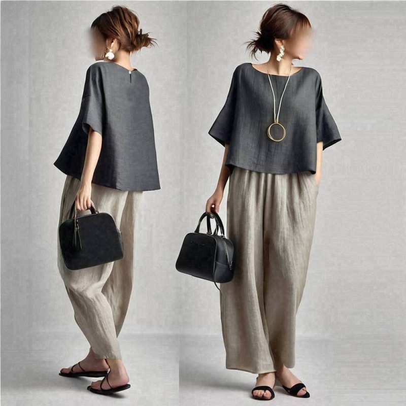 투피스 여성 팬츠 세트 솔리드 매칭 세트 반팔 O넥 탑 - Linen Pant Wide 리뷰 및 가격
