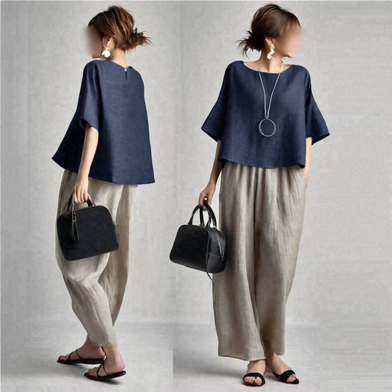투피스 여성 팬츠 세트 솔리드 매칭 세트 반팔 O넥 탑 - Linen Pant Wide 리뷰 및 가격