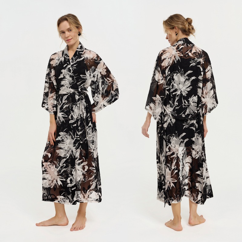 여성용 블랙 화이트 잉크 플로럴 시스루 시폰 기모노 칼 - Kimono Sheer Floral 리뷰 및 가격